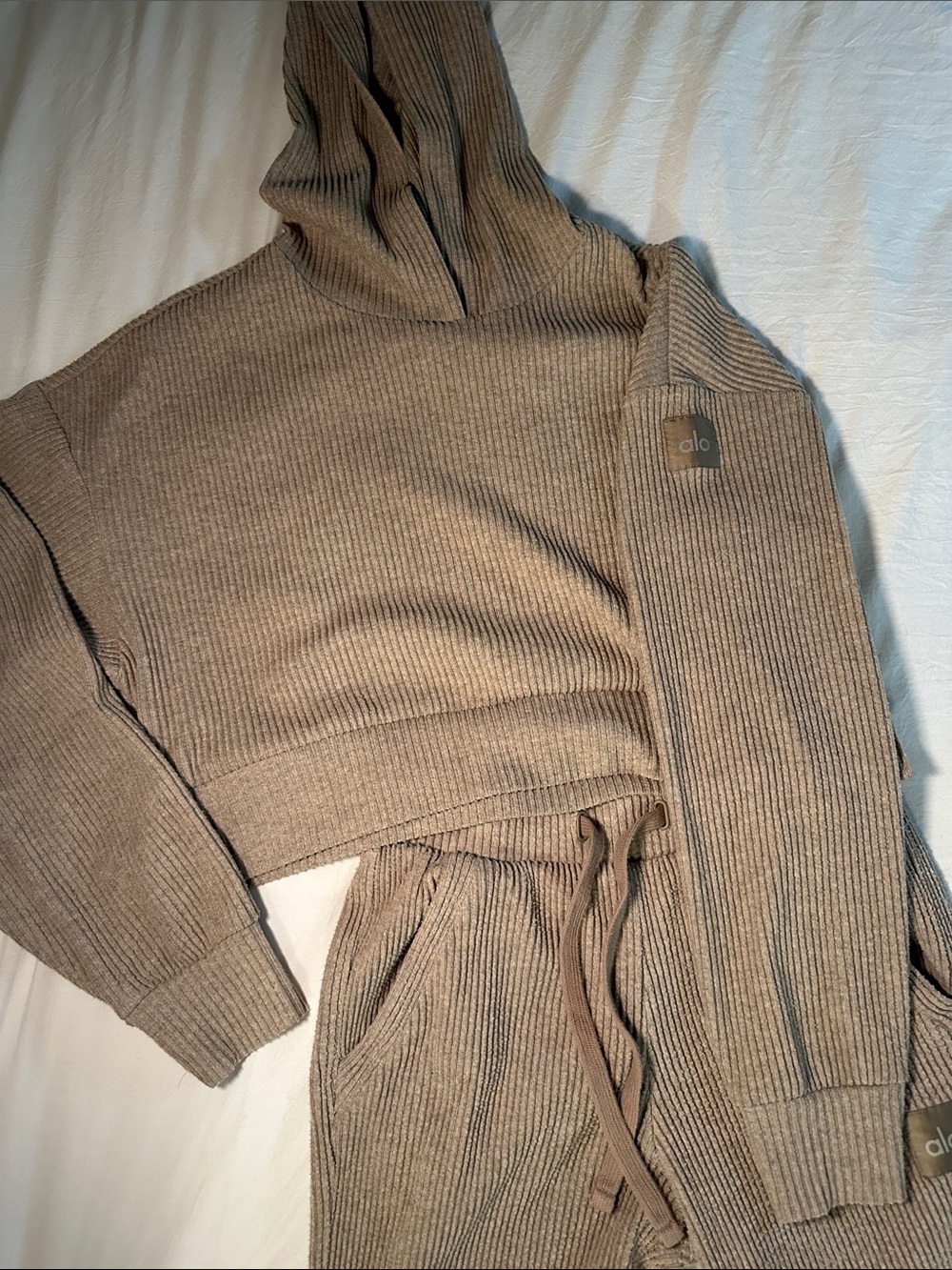 ALO Yoga Ribbed Cropped Hoodie & Joggers Set — Taupe